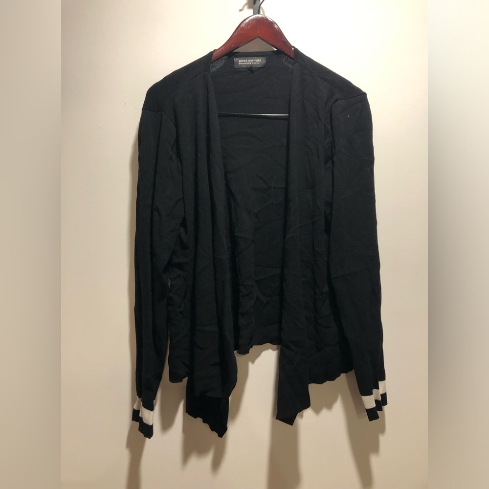 Jones New York Black Open-Front Cardigan with White Cuff Stripes